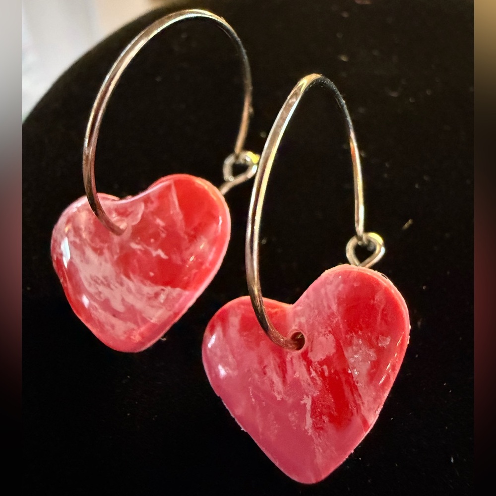 Heart Pink Tie-Dyed Silver Hoop Earrings